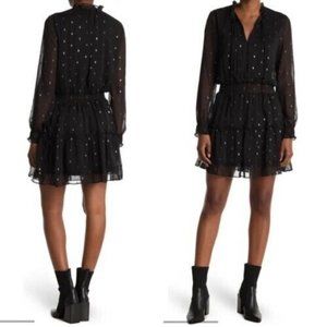 NSR Emma Women's Sz Small Black Polka Dot Chiffon Ruffle Tie Neck Mini Dress